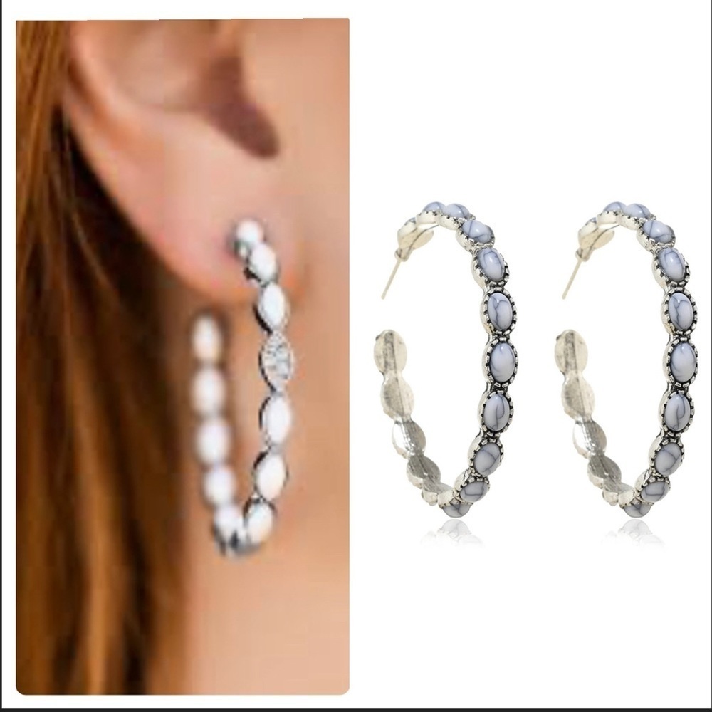Bohemian White Stone Silver Hoop Earrings